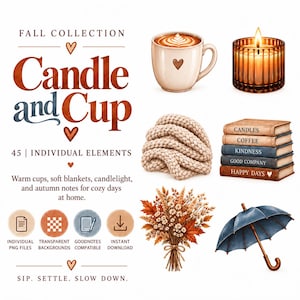 Könnte beinhalten: Eine digitale Sammlung von 45 herbstlichen Grafikelementen, darunter eine Keramiktasse mit Latte Art, eine brennende Kerze in einem gerippten Glas, eine beige Strickdecke, ein Stapel aus fünf Büchern, ein getrockneter Blumenstrauß und ein blauer Regenschirm mit Text.