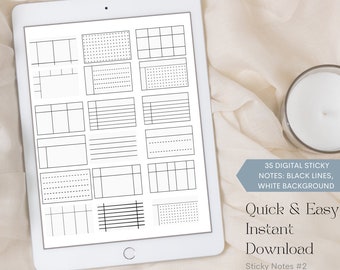 Goodnotes Digital Stickers; 35 Digital Sticky Note Templates; Black Lines; White Background