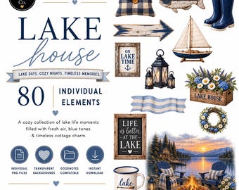 Lake House Clipart Bundle, 80 PNG Digital Stickers, Lake Life Graphics for GoodNotes & Scrapbooking