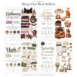 May include: A digital collection of four planner sticker sets titled Shop Our Best Sellers, featuring Halloween Sticky Notes, Cozy Pumpkin Night, Mark It, and Saturday Errands. Each set includes various icons, labels, and decorative elements for planning.