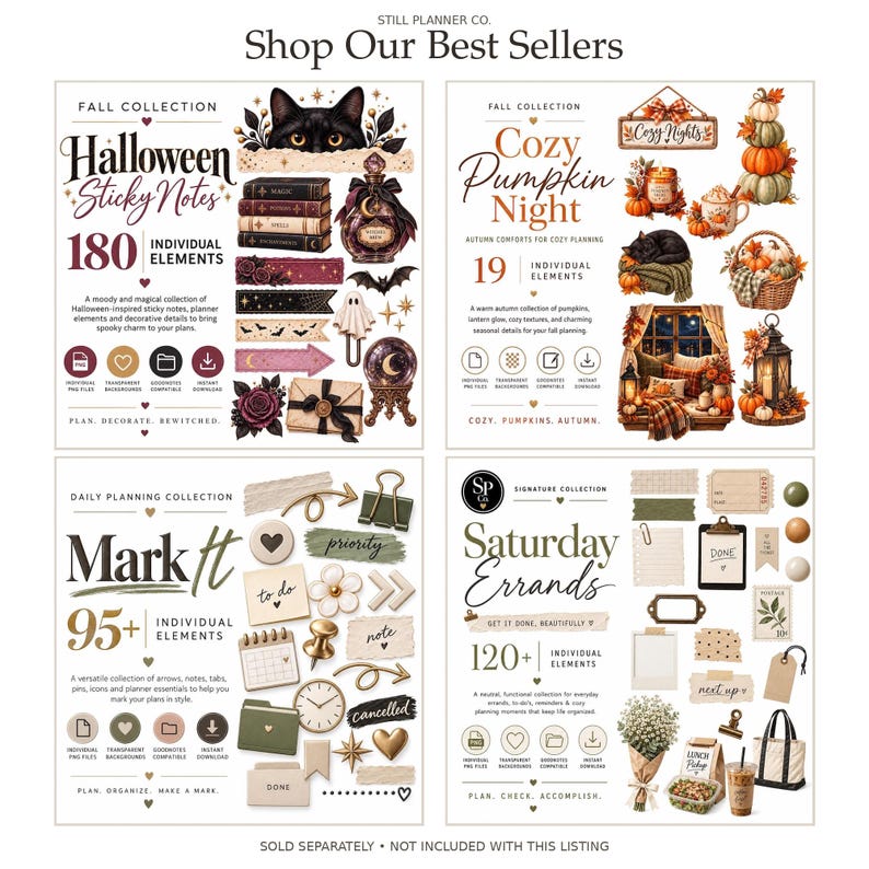 May include: A digital collection of four planner sticker sets titled Shop Our Best Sellers, featuring Halloween Sticky Notes, Cozy Pumpkin Night, Mark It, and Saturday Errands. Each set includes various icons, labels, and decorative elements for planning.