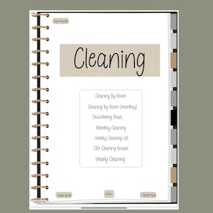 May include: A page from a cleaning planner with the title "Cleaning" and a list of cleaning tasks, including "Cleaning By Room", "Decluttering Goals", "Monthly Cleaning", "Weekly Cleaning List", "DIY Cleaning Recipes", and "Yearly Cleaning".