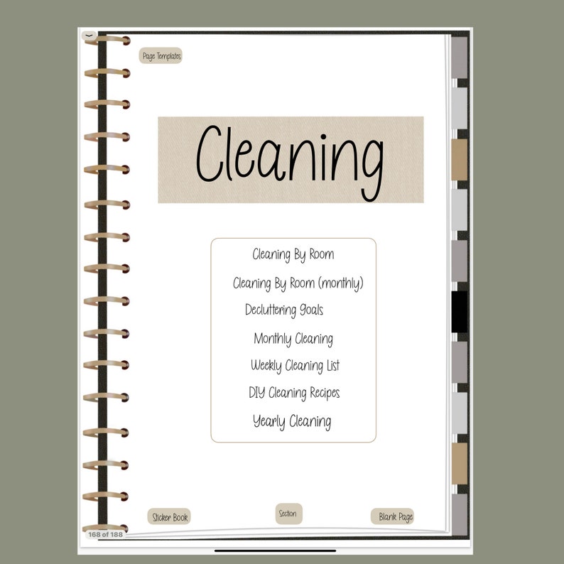May include: A page from a cleaning planner with the title "Cleaning" and a list of cleaning tasks, including "Cleaning By Room", "Decluttering Goals", "Monthly Cleaning", "Weekly Cleaning List", "DIY Cleaning Recipes", and "Yearly Cleaning".