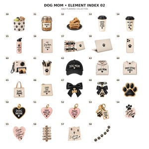 May include: A collection of twenty-nine dog-themed items labeled DOG MOM ELEMENT INDEX 02, including a paw-print basket, treat jar, bone cookies, coffee cups, water bottle, planner, laptop, phone case, camera, pen holder, cap, hoodie, sweatshirt, and charms.