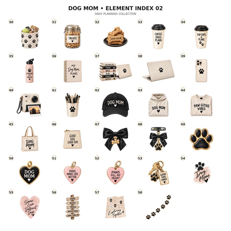 May include: A collection of twenty-nine dog-themed items labeled DOG MOM ELEMENT INDEX 02, including a paw-print basket, treat jar, bone cookies, coffee cups, water bottle, planner, laptop, phone case, camera, pen holder, cap, hoodie, sweatshirt, and charms.