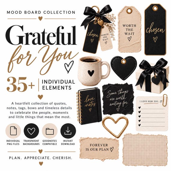 Gratitude Digital Stickers, Romantic Mood Board PNG Clipart, GoodNotes Planner Stickers