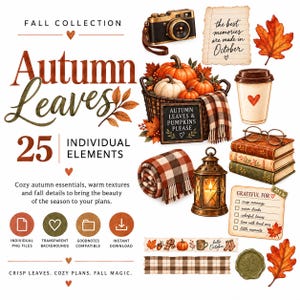 May include: A digital collection of 25 autumn-themed graphic elements including a vintage camera, a basket of pumpkins, a coffee cup, a stack of books with glasses, a plaid blanket, a lantern, and various notes with text like the best memories are made in October.