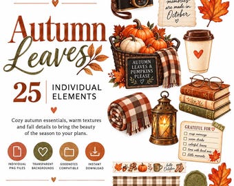 Adesivi digitali autunnali, clipart PNG autunnali, adesivi accoglienti per agenda GoodNotes, collezione di foglie autunnali