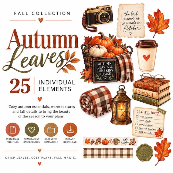 Autumn Digital Stickers, Fall PNG Clipart, Cozy Planner Stickers for GoodNotes, Autumn Leaves Collection