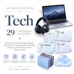 Pode incluir: Uma coleção digital com um portátil, auscultadores pretos e cartões de tarefas etiquetados como Today, File, Backup e Sort. O conjunto inclui ícones de pastas, um gráfico de nuvem e o texto Life Hacks Collection, Tech, 29 Individual Elements, Sort. Save. Simplify.