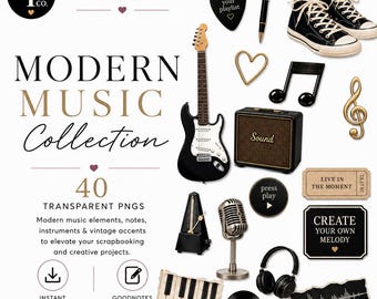 Modern Music Digital Scrapbook Kit | 40 Music Themed PNGs | Transparent PNGs for Journaling, Digital Scrapbooking, GoodNotes & Planner