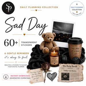 May include: A digital sticker set titled Daily Planning Collection featuring a brown teddy bear, a lit candle with the text Breathe Slow Be Gentle With Yourself, a coffee cup with the text one step at a time, a newspaper, and a polaroid photo.
