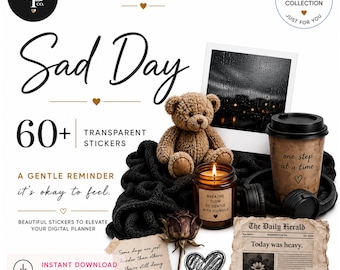 Sad Day Digital Planner Stickers | Moody Daily Planning Collection | Cozy Aesthetic Goodnotes Stickers | 60+ PNG Stickers