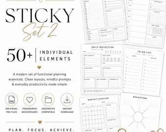 Minimal Digital Planner Stickers, GoodNotes Functional Planning PNGs, Daily Weekly Productivity Set, Sticky Set 2