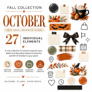 May include: A digital collection of 27 autumn-themed graphic elements including pumpkins, a black mug with a heart, a black bow, bats, plaid patterns, and various icons. Text includes FALL COLLECTION OCTOBER COZY DAYS, BRIGHTER PLANS.