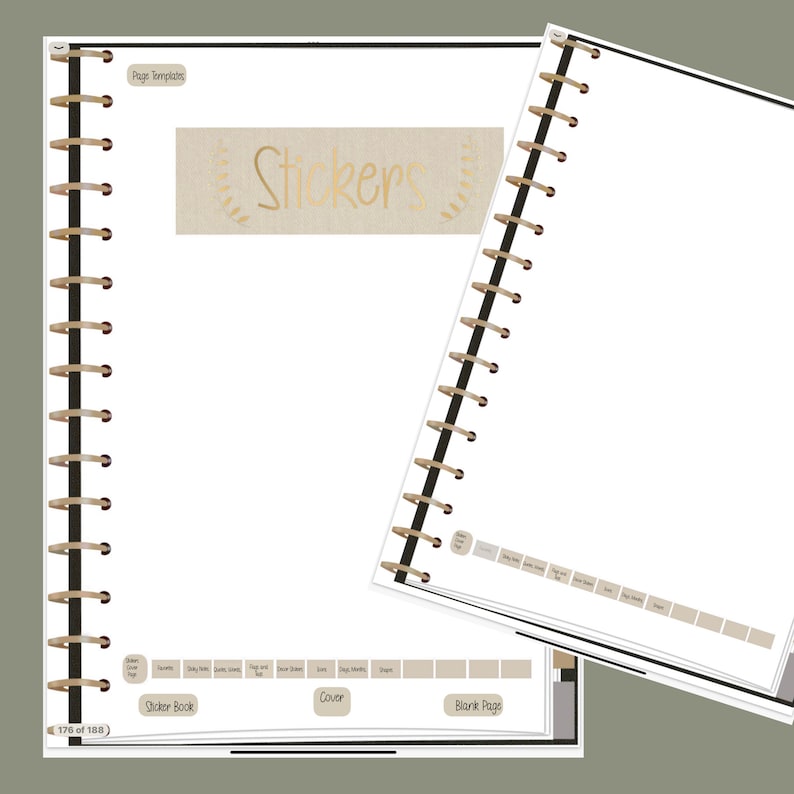 May include: A sticker book with a beige cover and gold lettering that says "Stickers". The book has a spiral binding and is open to a blank page.