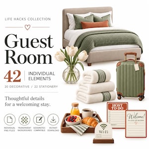 May include: A digital collection titled Life Hacks Collection Guest Room featuring 42 elements including a bed with green bedding, a suitcase, white tulips in a vase, towels, a breakfast tray, and stationery cards with text like Host To-Do and Welcome.