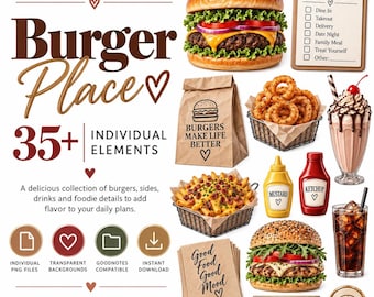 Clipart di hamburger in formato PNG, adesivi digitali, grafica alimentare per GoodNotes, pianificazione digitale e scrapbooking.