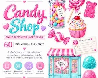 Candy Shop Digital Stickers, 60 Pastel Sweets PNG Clipart for GoodNotes & Digital Scrapbooking