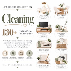 Puede incluir: Una colección digital titulada Life Hacks Collection Cleaning con más de 130 elementos individuales. La imagen muestra ocho pegatinas ilustradas de tareas de limpieza con etiquetas de texto como Dust Dining Light Fixture y Mop Hard Floors.