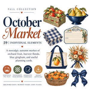 Peut inclure: Une collection numérique intitulée October Market comprenant 59 éléments individuels dont une caisse en bois de pommes, des poires dans une passoire bleue, un tissu vichy bleu, une fiche recette, un sac fourre-tout, un bouquet et un panier de citrouilles.