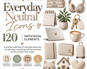 Neutral PNG Clipart, 120 Everyday Digital Stickers for GoodNotes, Journaling & Planning