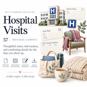 May include: A digital planning collection featuring a hospital building, note cards labeled Doctor Notes, Visit Plan, and Family Updates, a green armchair with a pink knit throw, a canvas tote bag, a blue notebook, a thermos, and a mug.