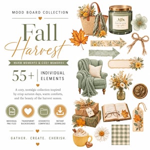 Op de afbeelding: Een digitale moodboard-collectie getiteld Fall Harvest met meer dan 55 individuele elementen, waaronder een rieten tas, een kaars met het label Crisp Air, een groene fauteuil met een plaid, herfstbladeren, bloemenboeketten en een mok.