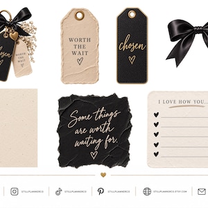May include: A collection of stationery items including black and beige rectangular tags with gold text reading chosen and worth the wait, a black satin bow, a black textured square card with gold script, and a beige list card with a gold paperclip.