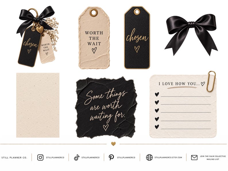 May include: A collection of stationery items including black and beige rectangular tags with gold text reading chosen and worth the wait, a black satin bow, a black textured square card with gold script, and a beige list card with a gold paperclip.