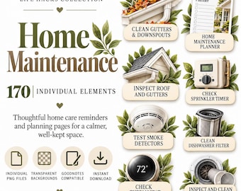 May include: A digital home maintenance collection featuring 170 individual elements, including a planner, sprinkler timer, smoke detector, thermostat, and cleaning icons for gutters, dishwasher filters, and dryer vents with descriptive text labels.