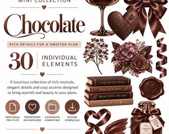 May include: A digital graphic set titled Chocolate Mini Collection featuring 30 individual elements including a champagne glass, satin bow, heart, floral bouquet, stack of books, wax seal, perfume bottle, and ribbons in shades of brown and bronze.