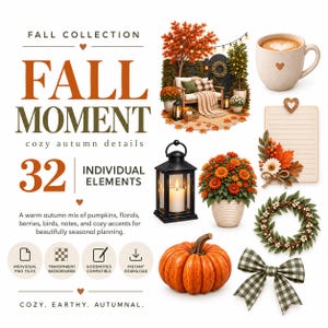 Puede incluir: Una colección digital titulada FALL MOMENT con 32 elementos de temática otoñal que incluyen una escena de patio, una taza de café con un corazón, un bloc de notas, un farol negro con vela, crisantemos naranjas, una calabaza y un lazo a cuadros.