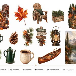 May include: A collection of digital illustrations featuring a stone fire pit, a wooden chair with a plaid blanket, a red maple leaf, a crate of pine branches, a cabin, a mug, a pinecone, a signpost, a lantern, a teapot, and a canoe.