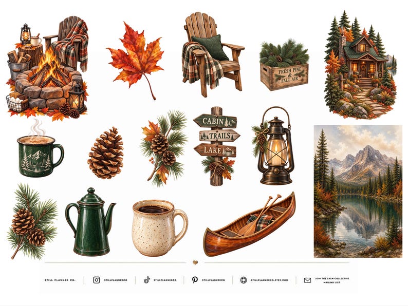 May include: A collection of digital illustrations featuring a stone fire pit, a wooden chair with a plaid blanket, a red maple leaf, a crate of pine branches, a cabin, a mug, a pinecone, a signpost, a lantern, a teapot, and a canoe.