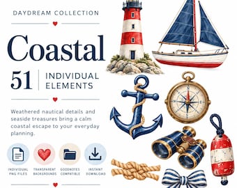 Puede incluir: Una colección digital de 51 ilustraciones náuticas que incluye un faro rojo y blanco, un velero, un ancla azul con cuerda, una brújula de latón, binoculares, un nudo de cuerda, una boya roja y blanca y un lazo a rayas azul y blanco.