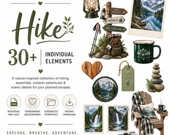 Hiking Digital Stickers, Nature PNG Clipart, Outdoor Adventure GoodNotes Graphics