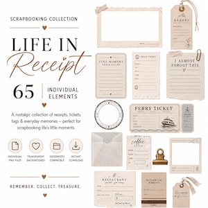 May include: A scrapbooking collection titled Life in Receipt featuring 65 individual elements including paper tags, train and ferry tickets, photo frames, a small envelope, a metal clip, and various note cards with printed text in a neutral beige color palette.