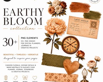 Pacchetto PNG floreale Earthy Bloom / Oltre 30 elementi digitali botanici vintage per agenda / Fiori neutri, GoodNotes, journaling e scrapbooking
