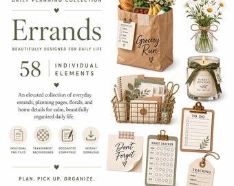 Errands Digital Planner Stickers, 58 Neutral PNG Graphics for GoodNotes & Daily Planning