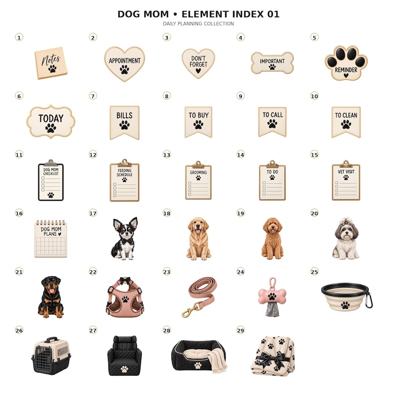 May include: A digital collection of 29 dog-themed planning elements labeled DOG MOM ELEMENT INDEX 01. Includes text-based stickers like NOTES, APPOINTMENT, and TO DO, alongside illustrations of various dog breeds, a harness, leash, and pet supplies.