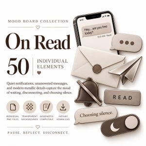 Könnte beinhalten: Eine digitale Moodboard-Sammlung mit dem Titel On Read, die 50 einzelne Elemente enthält, darunter ein Smartphone mit einer Textnachricht, einen versiegelten Umschlag, ein Papierflugzeug, ein stummes Glockensymbol und Sprechblasen mit READ.