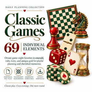 May include: A digital collection titled Classic Games featuring 69 individual elements including a green and white chessboard, a knight chess piece, a red pawn, a domino, a red die, an ace of hearts playing card, poker chips, and an hourglass.