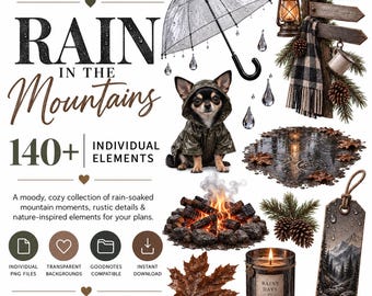 Rainy Mountain PNG Clipart, Cozy Rain Digital Stickers for GoodNotes & Scrapbooking