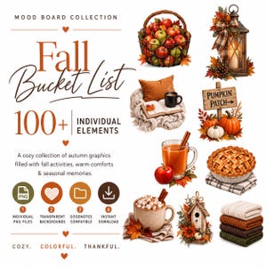 Pode incluir: Uma coleção digital intitulada Fall Bucket List com mais de 100 elementos gráficos de outono, incluindo uma cesta de maçãs vermelhas e verdes, uma lanterna, uma placa Pumpkin Patch, uma torta e mantas de tricô empilhadas.