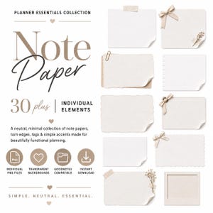 Puede incluir: Una colección digital de elementos de papel para notas con varias formas rectangulares, algunas con bordes rasgados, esquinas redondeadas o bordes festoneados. Los detalles incluyen cintas beige, flores secas y clips de papel.
