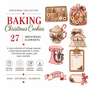 Pode incluir: Uma coleção digital de 27 ilustrações de confeitaria de Natal, incluindo uma bandeja de biscoitos, um pote de vidro, uma caneca com chantilly, um saco de farinha, uma batedeira rosa, uma lista de verificação e uma faixa com texto.