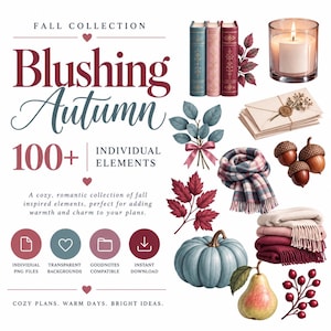 Puede incluir: Un conjunto gráfico digital titulado Blushing Autumn que incluye más de 100 elementos, entre ellos tres libros, una vela encendida, un fajo de sobres con sello de cera, una bufanda de cuadros, mantas dobladas, una calabaza azul, una pera, bellotas y hojas de otoño.