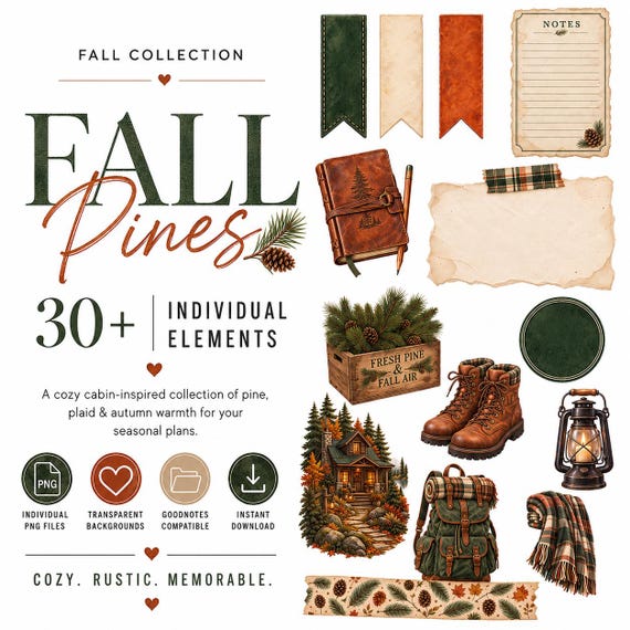 Cozy Fall Clipart PNG Bundle – Fall Pines Rustic Cabin, Pine & Plaid Graphics