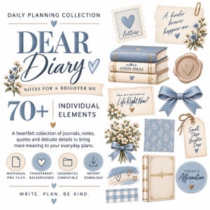 以下が含まれることがあります： Dear Diaryと題されたデイリープランニングコレクション。積み重ねられた本、花のブーケ、青いリボン、ワックスシール、A kinder braver happier meやToday's Affirmationといったテキストが書かれたメモカードなど、70以上の個別要素が含まれています。